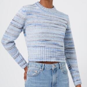 French Connection Blue Marled Cropped Chunky Knit Crewneck Sweater SIZE MED